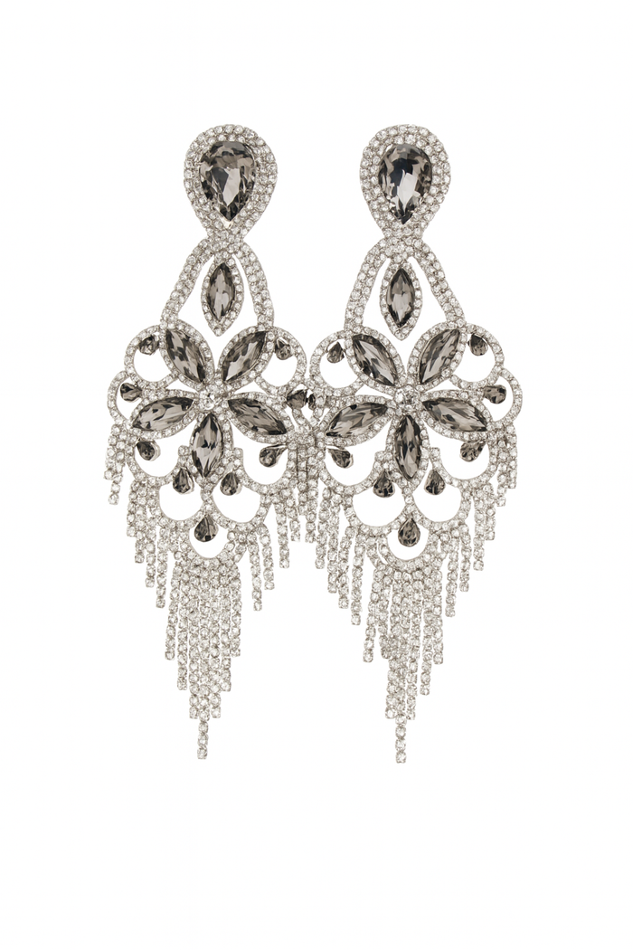 Silver-tone crystal statement chandelier earrings with faceted rhinestones and cascading fringe detail.