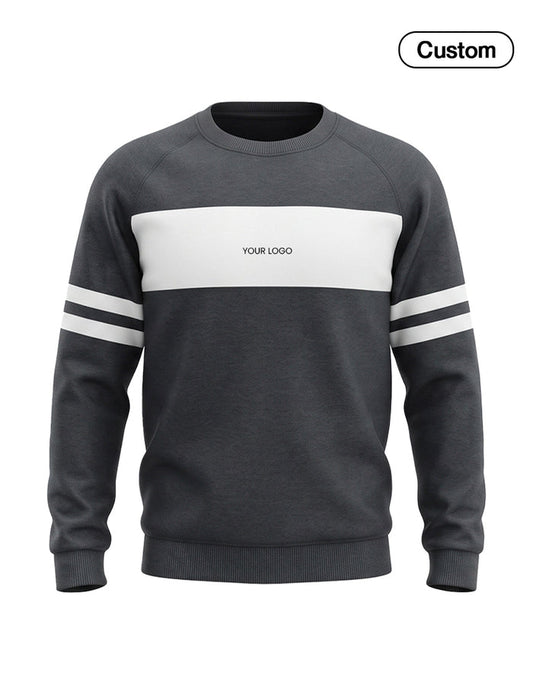 A dark gray crewneck sweatshirt with a wide white chest stripe, double white stripes on the sleeves, and 'YOUR LOGO' printed in the center. A 'Custom' badge is visible in the top right corner.