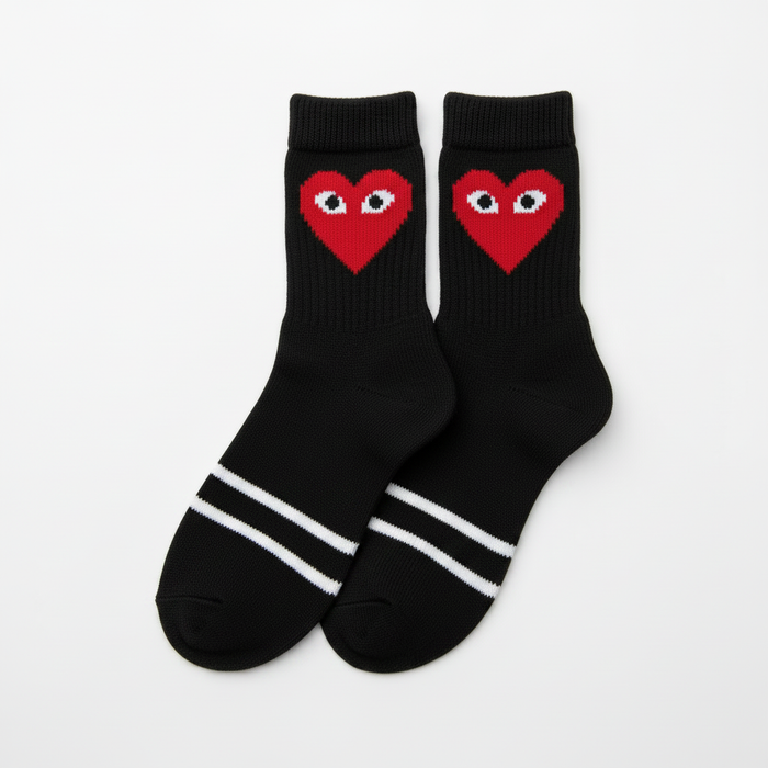 Cute Heart Socks – Black, Two White Stripes on Both