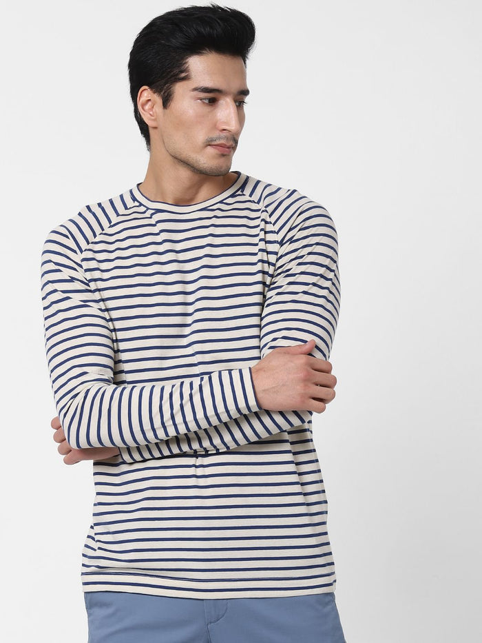 Dark Blue Striped Crew Neck T-Shirt