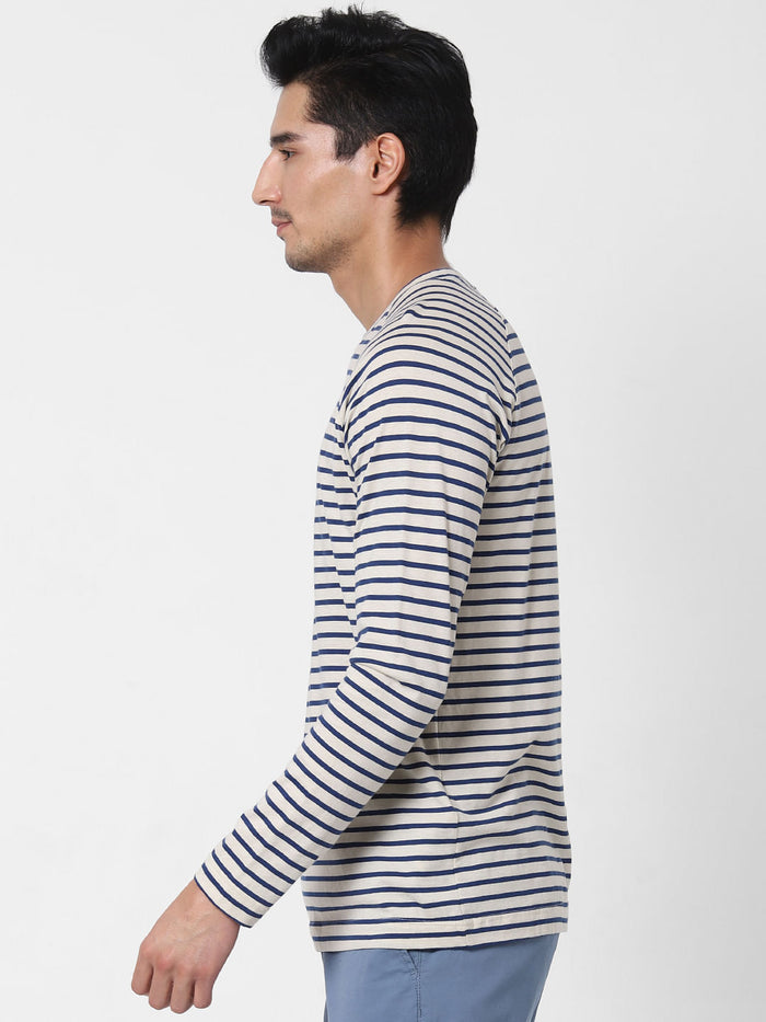 Dark Blue Striped Crew Neck T-Shirt