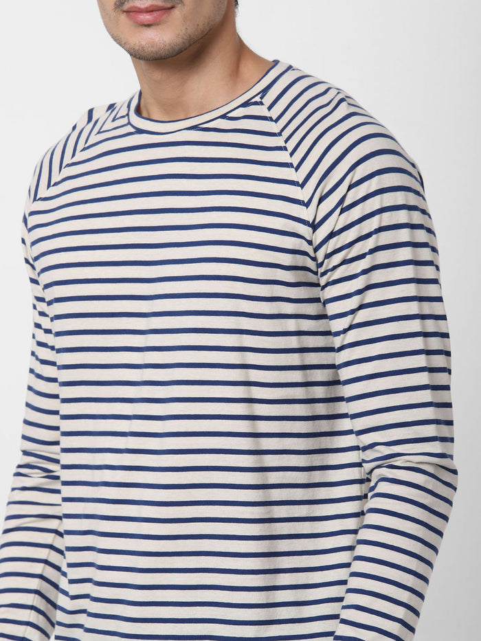 Dark Blue Striped Crew Neck T-Shirt