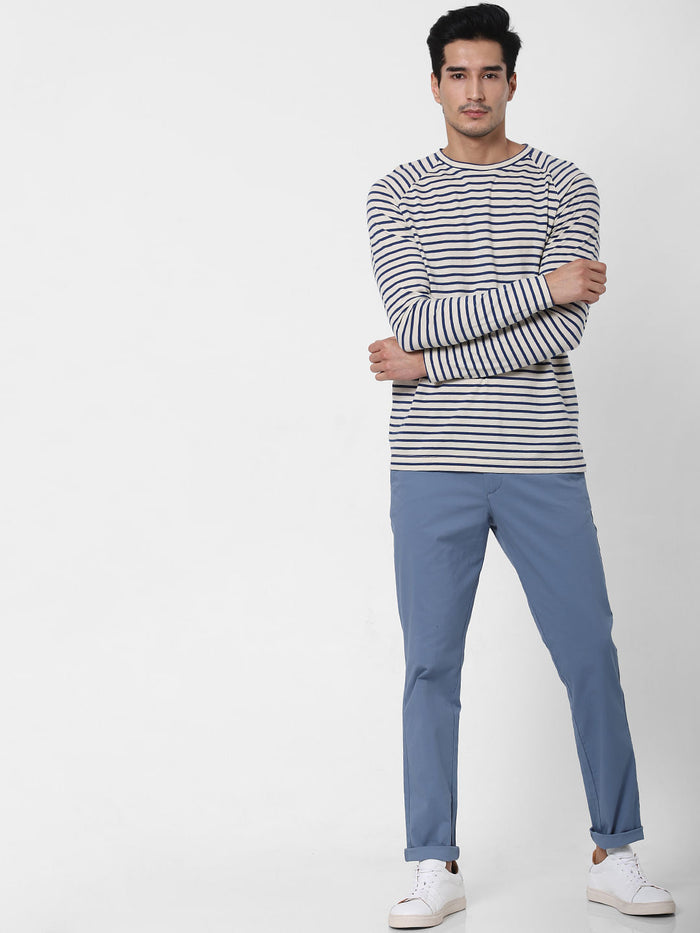 Dark Blue Striped Crew Neck T-Shirt