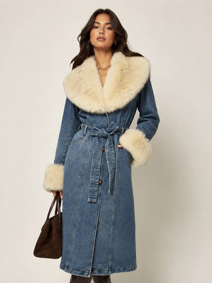 Full-length denim jacket with a plush faux fur collar, matching faux fur cuffs, button front, and waist tie belt.