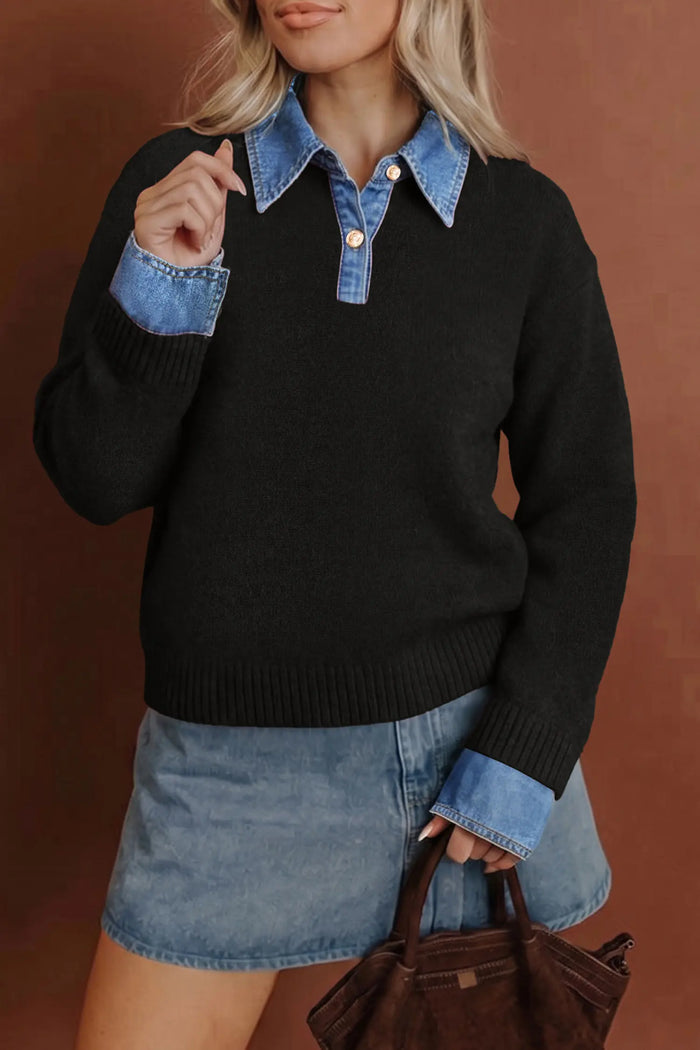 Denim Patchwork Collar Cuffed Casual Sweater – Black
