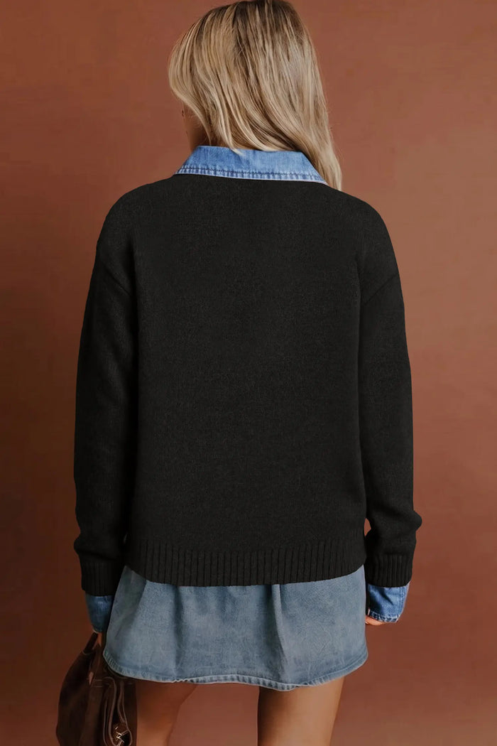 Denim Patchwork Collar Cuffed Casual Sweater – Black