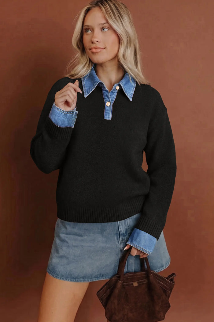 Denim Patchwork Collar Cuffed Casual Sweater – Black