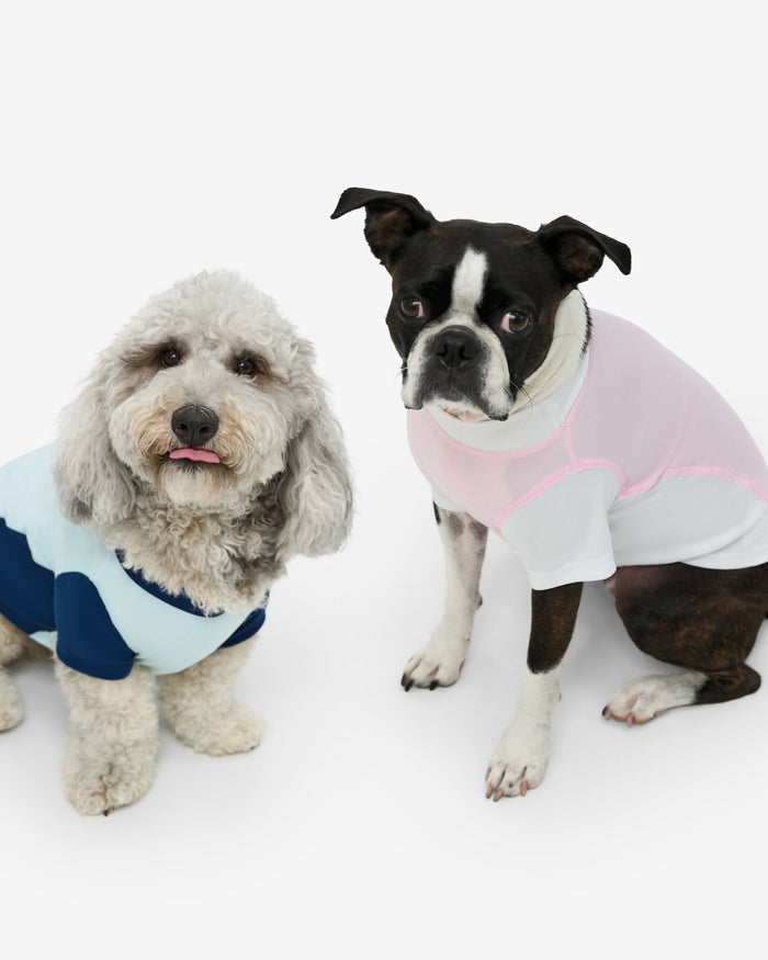 Two dogs wearing sleeveless sun shirts in pink and blue colors, with white and black patterns, sitting against a white background.