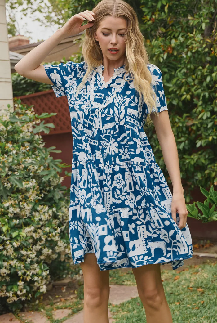 Dress - Fashion W Ricrac Trim Split Neck Floral Loose Dress