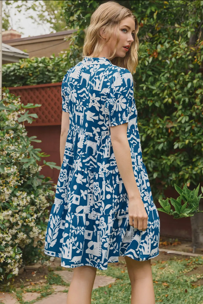 Dress - Fashion W Ricrac Trim Split Neck Floral Loose Dress
