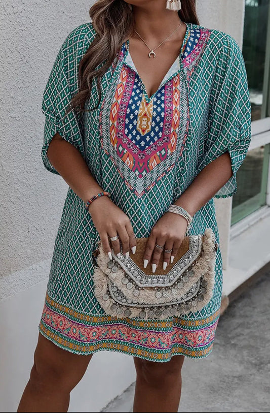Dress - V Neck Printed Loose Fit MIDI Dress, Green, Plus Size