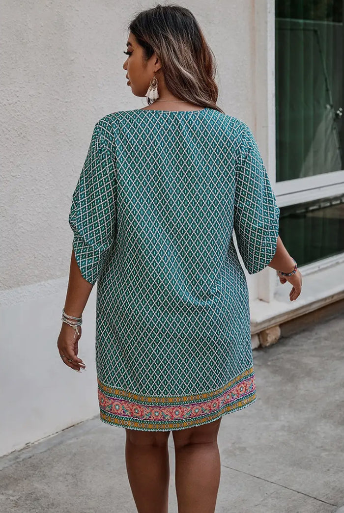 Dress - V Neck Printed Loose Fit MIDI Dress, Green, Plus Size