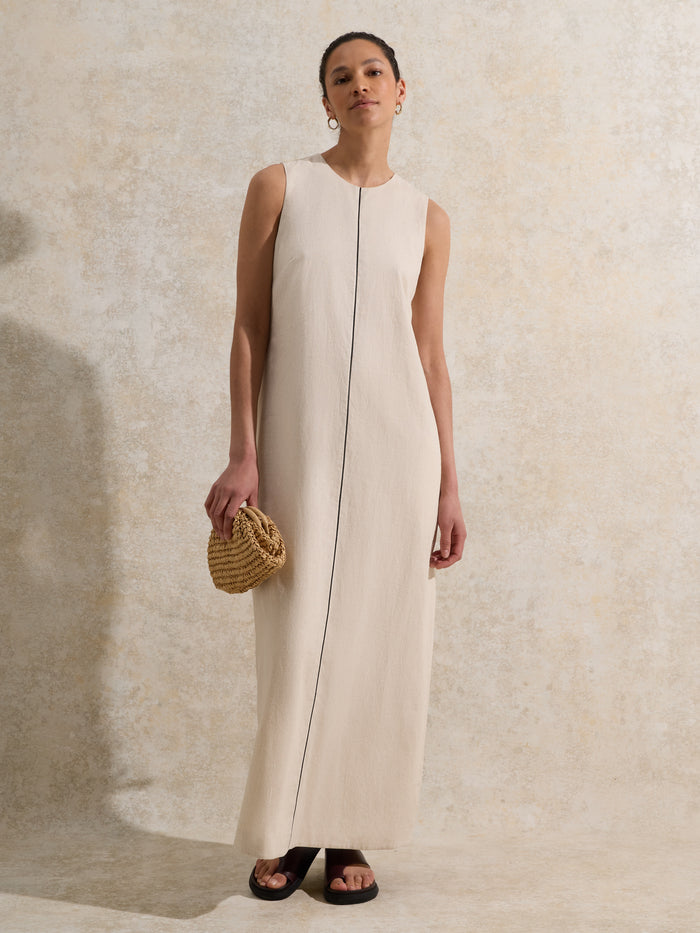 Ecru Piped-Detail Linen-Blend Maxi Dress
