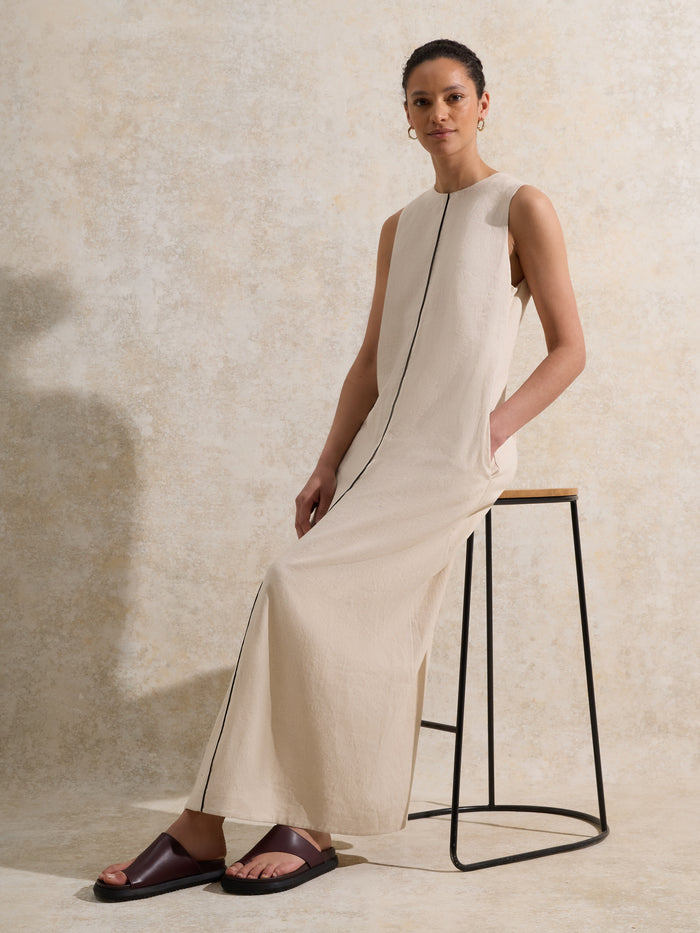 Ecru Piped-Detail Linen-Blend Maxi Dress