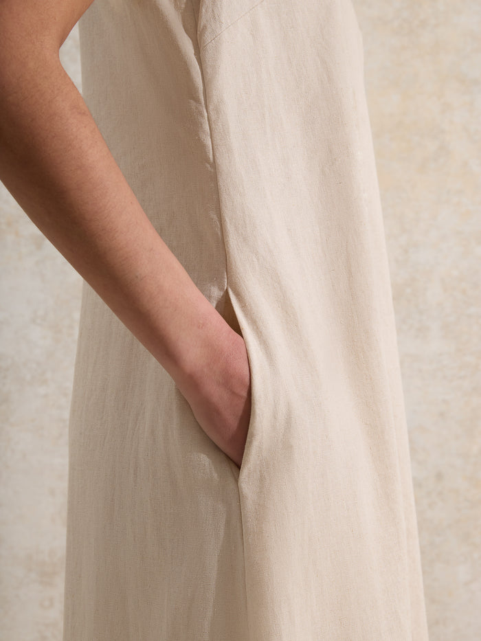 Ecru Piped-Detail Linen-Blend Maxi Dress