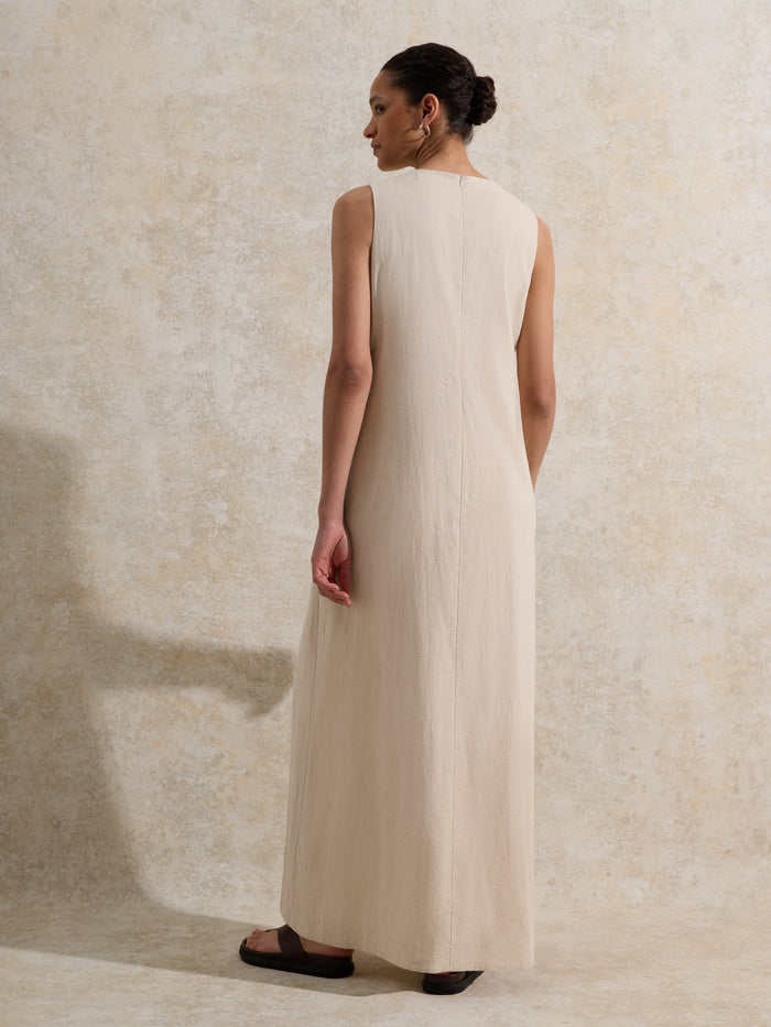 Ecru Piped-Detail Linen-Blend Maxi Dress
