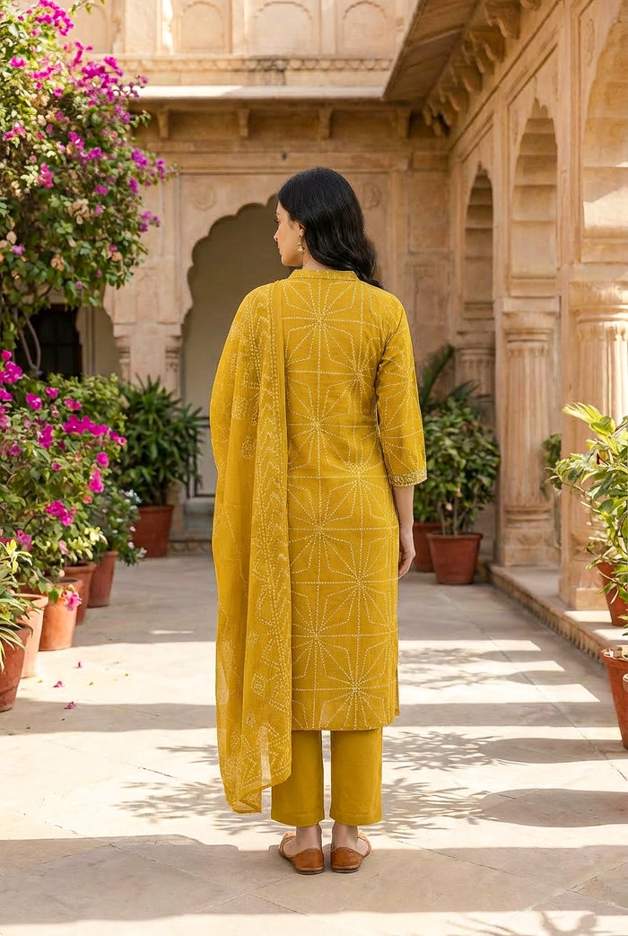 Elegant Mustard Bandhani Kurta Pant Set with Dupatta