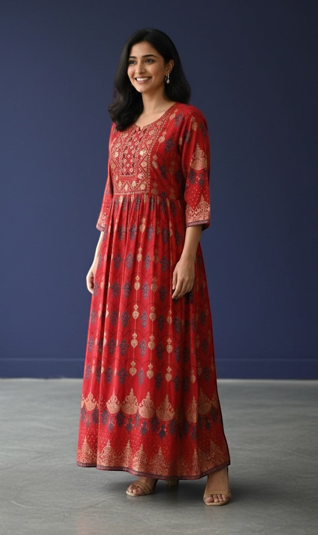 Kurti Connection USA red Anarkali kurti with gold and navy blue prints, detailed yoke, and flowing flare.