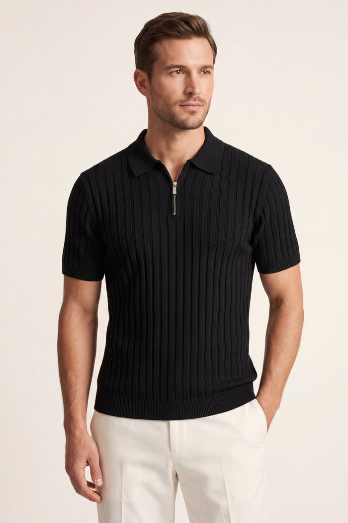 Elio Ribbed Zip Polo Black