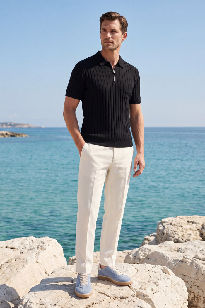Elio Ribbed Zip Polo Black