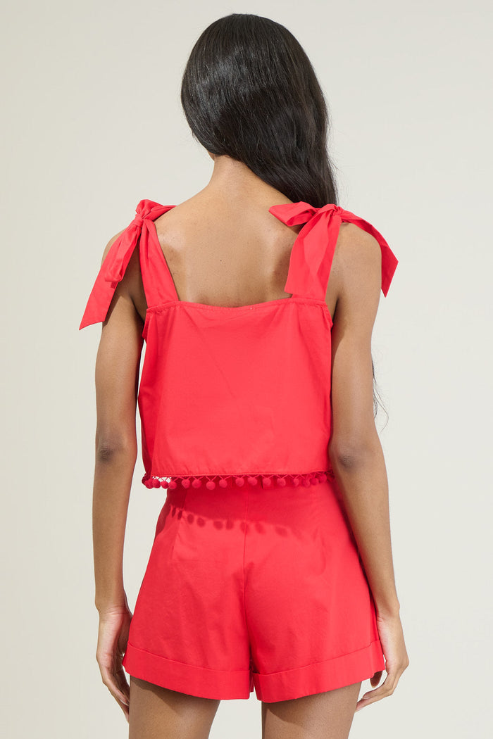 Elowen Zaferia Milagro Tie Strap Cherry Pom Pom Crop Top