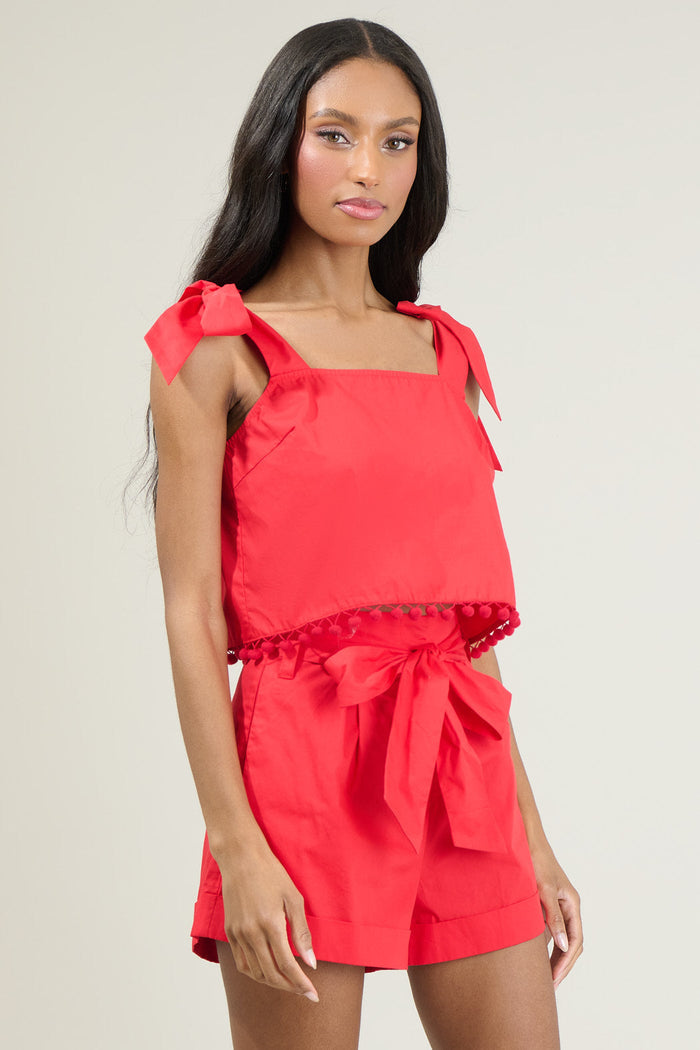 Elowen Zaferia Milagro Tie Strap Cherry Pom Pom Crop Top