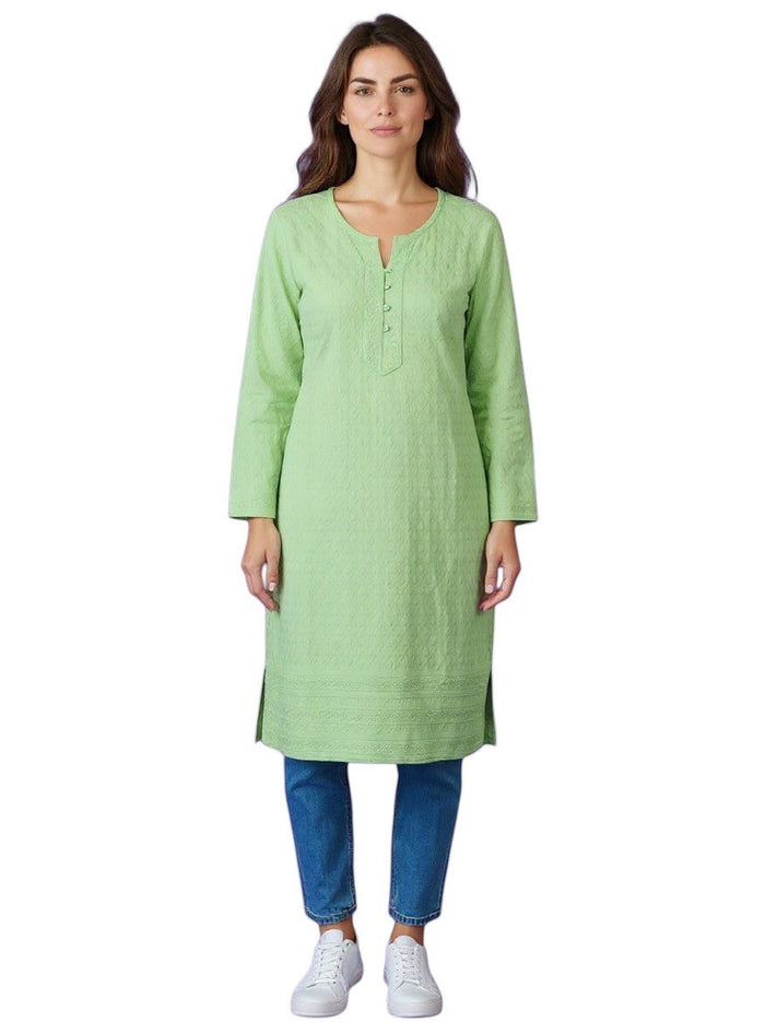 Kurti Connection USA light green Chikankari kurti with all-over textured embroidery and button placket.