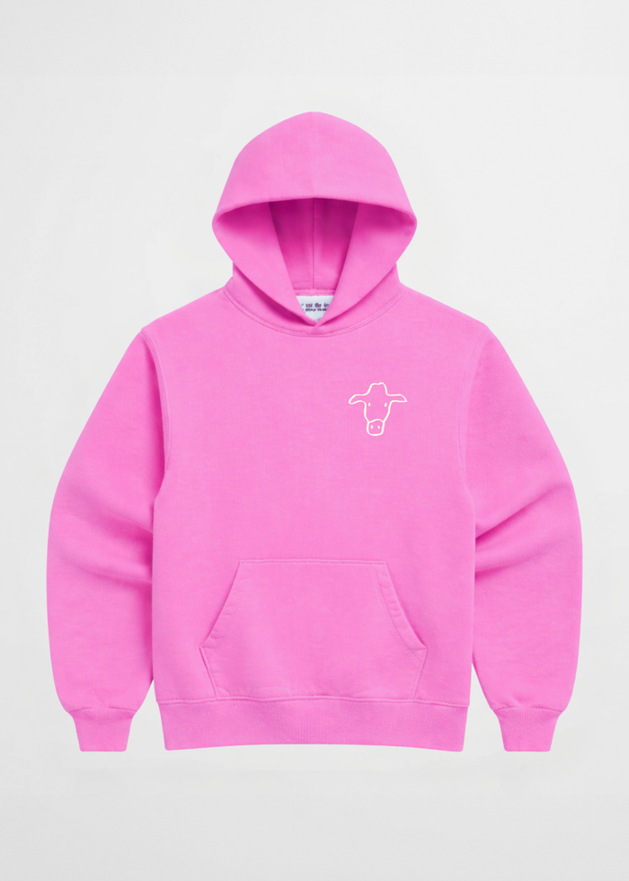 Hot pink empathy hoodie with cow logo on front