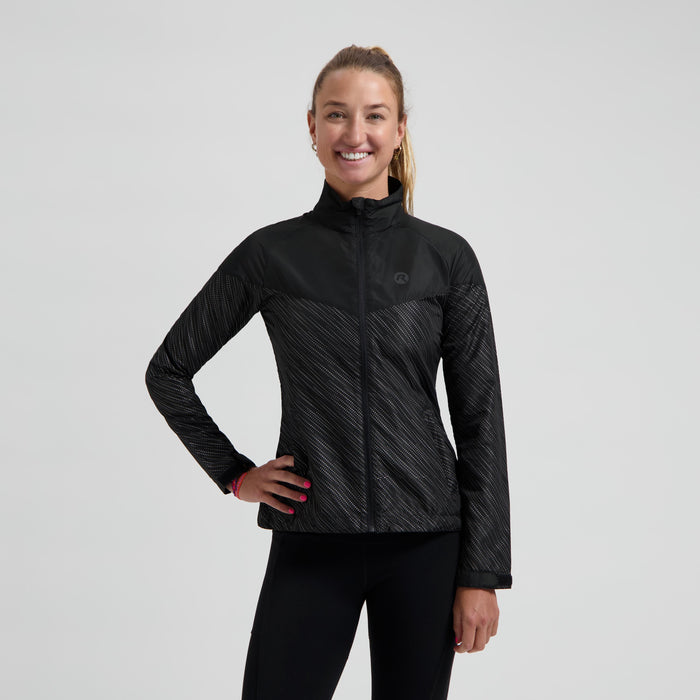 Rogelli Essential Hi hardloopjack dames zwart gedragen voorkant.