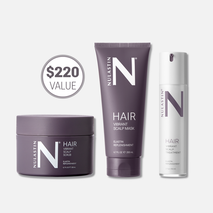 Front view of Extra Indulgence Bundle showing three NULASTIN product containers and packaging on a white background
