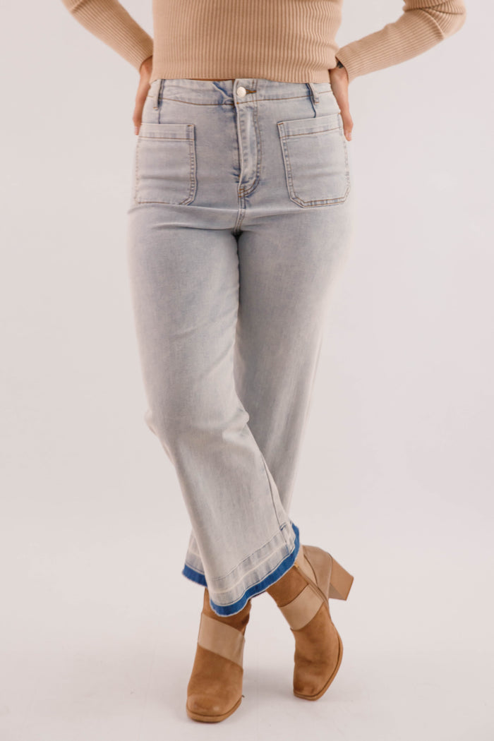 Wide Leg Light Wash Denim- Women's Raw Hem Jeans- Trendy Style Jeans