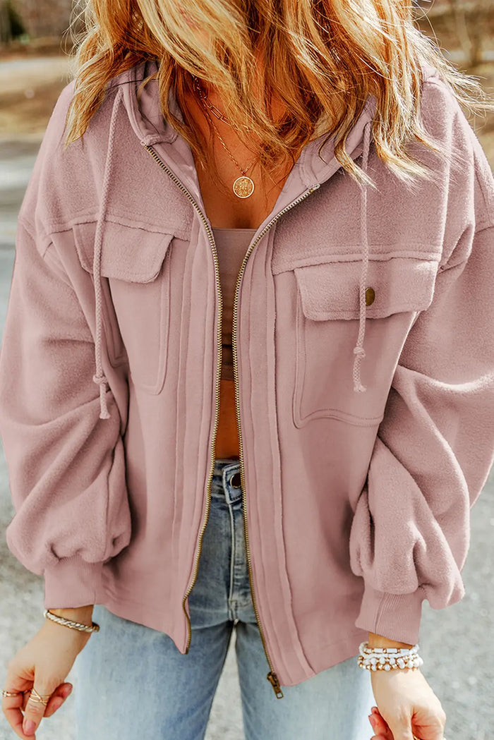 Flap Pocket Drawstring Hood Zip Up Jacket – Pink