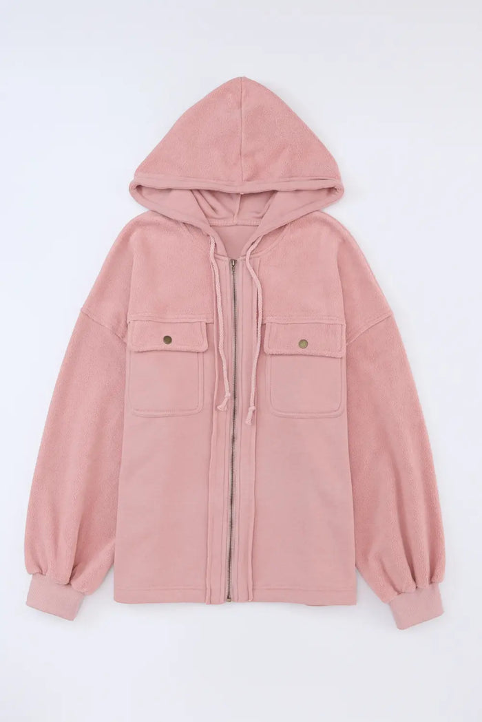 Flap Pocket Drawstring Hood Zip Up Jacket – Pink