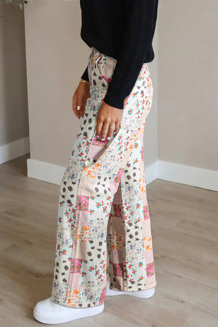 Floral Patchwork Wide Leg Full Length Jeans – Pink