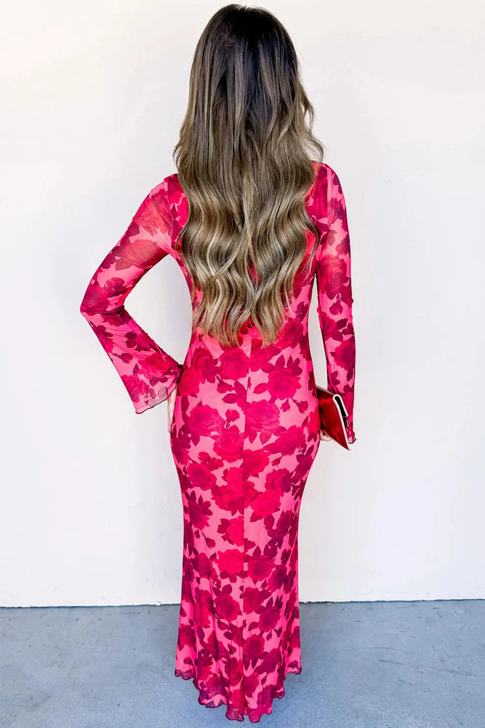 Floral Print Cuff Hem Serging Long Sleeve Sheath Dress – Red