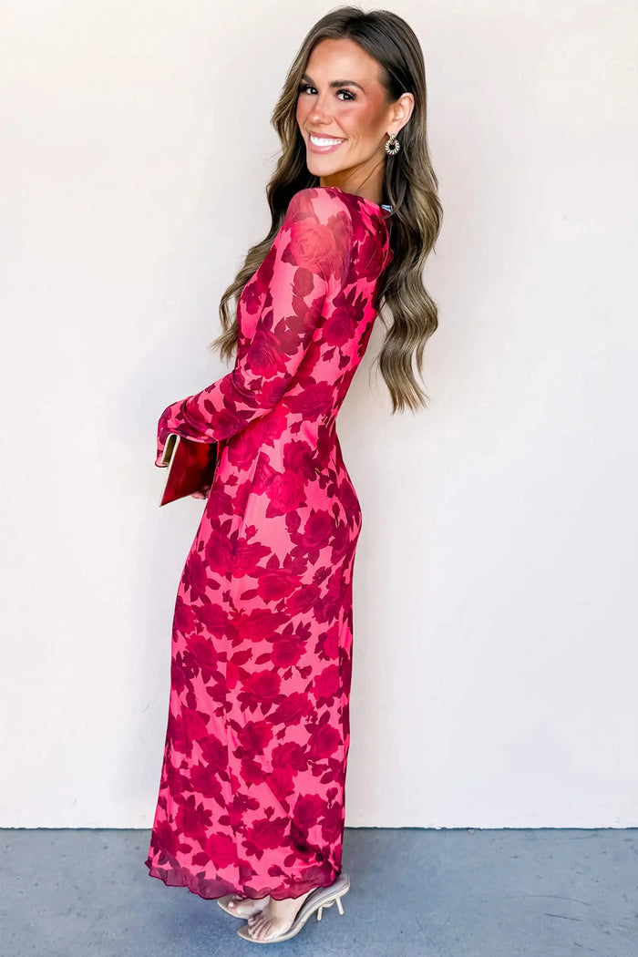 Floral Print Cuff Hem Serging Long Sleeve Sheath Dress – Red