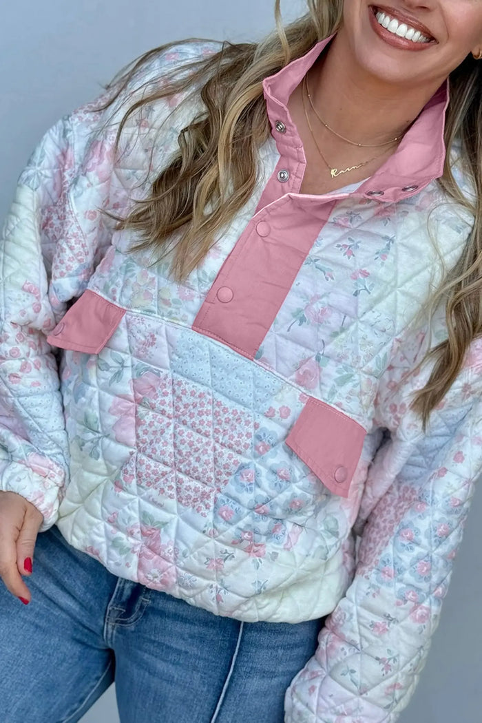 Floral Quilted V-Neck Plus Size Fake Pocket Sweatshirt – Pink