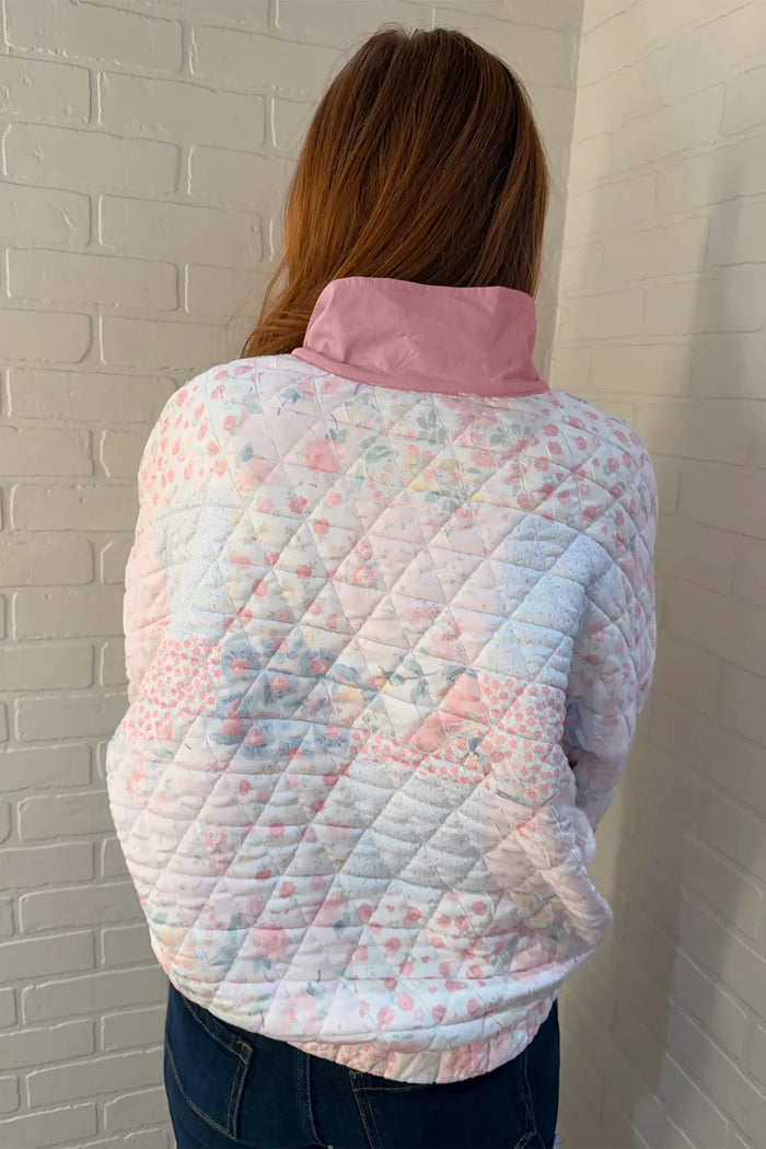Floral Quilted V-Neck Plus Size Fake Pocket Sweatshirt – Pink