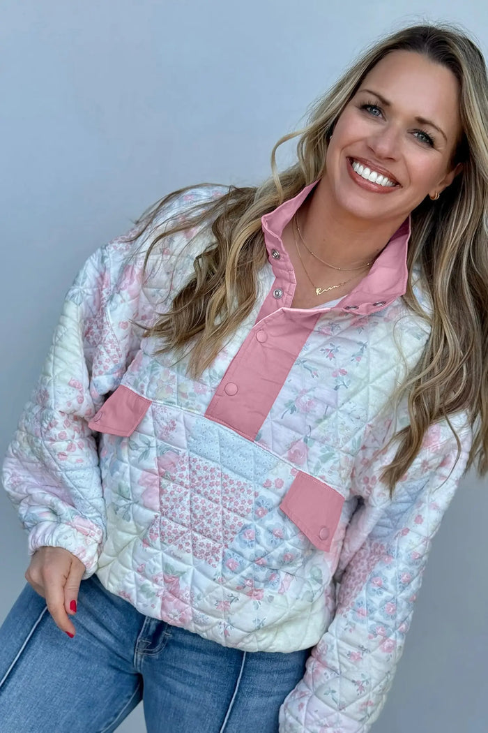 Floral Quilted V-Neck Plus Size Fake Pocket Sweatshirt – Pink