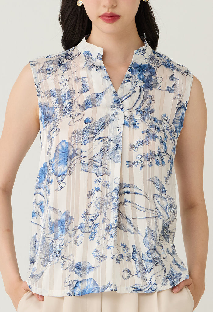 Floral Toile Sheer Sleeveless Blouse