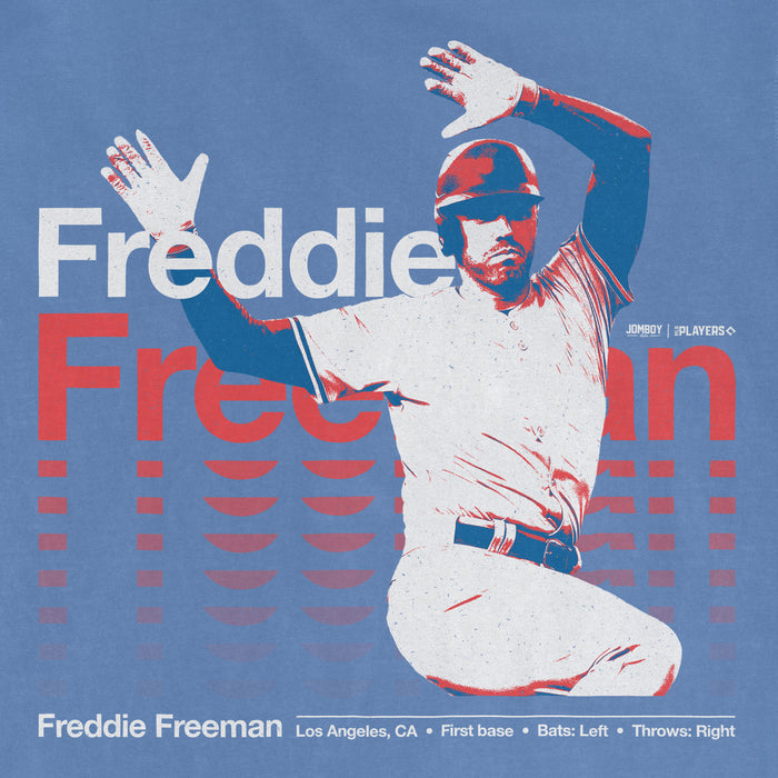 Graphic of Freddie Freeman in a baseball pose, wearing a cap and uniform, with "Freddie Being Freddie" text on a Comfort Colors tee.