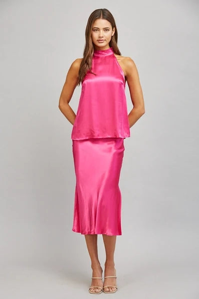 Fuchsia Satin Slip Midi Skirt - Born To Glam