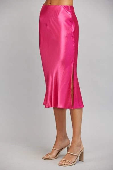 Fuchsia Satin Slip Midi Skirt - Born To Glam