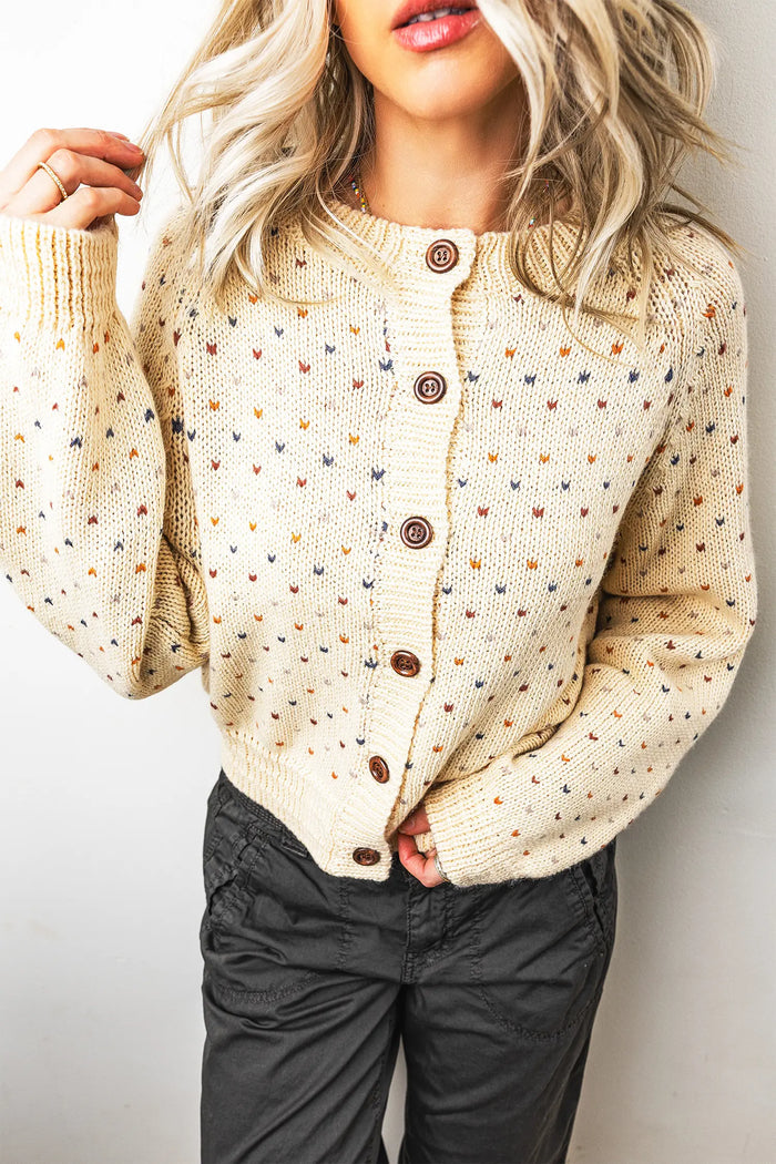 Geometric Print Button Front Long Sleeve Regular Fit Cardigan – Beige