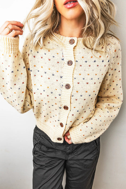 Geometric Print Button Front Long Sleeve Regular Fit Cardigan – Beige