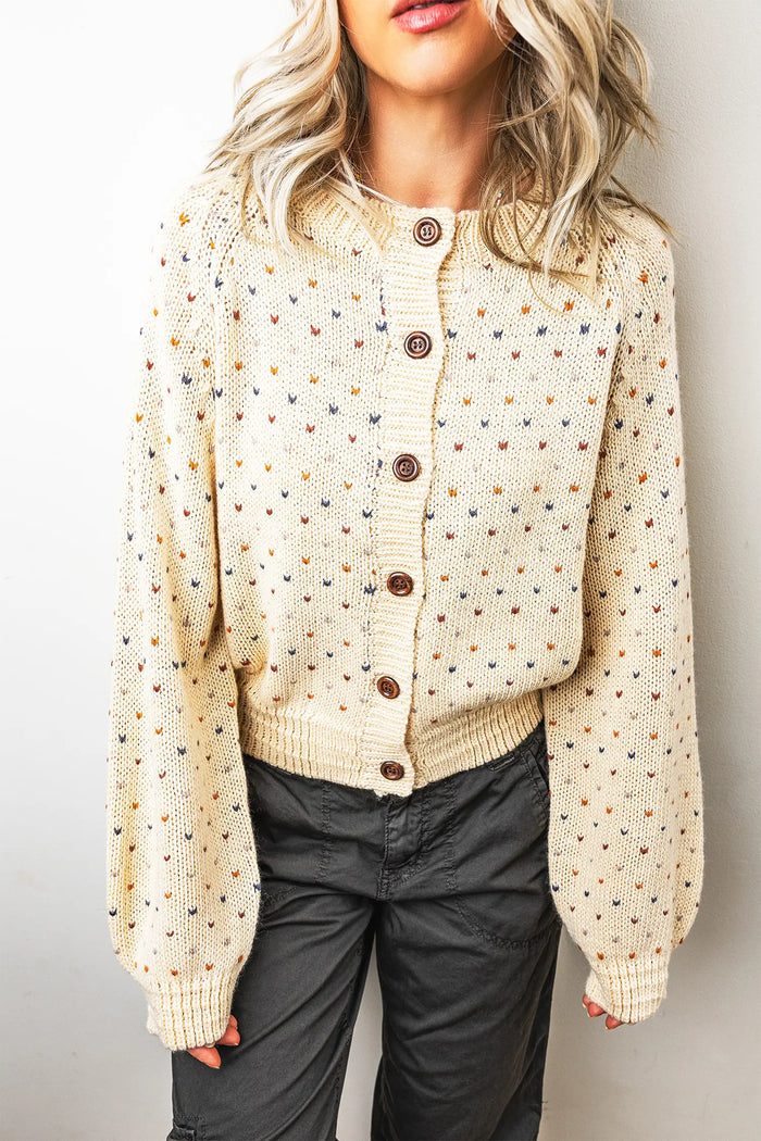 Geometric Print Button Front Long Sleeve Regular Fit Cardigan – Beige