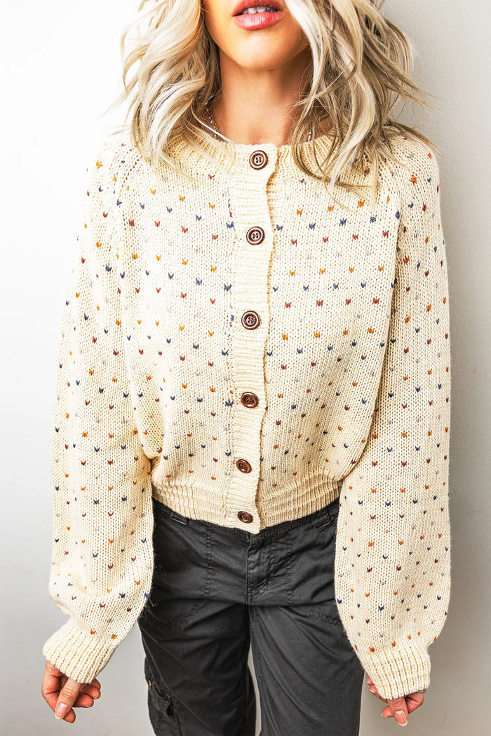 Geometric Print Button Front Long Sleeve Regular Fit Cardigan – Beige