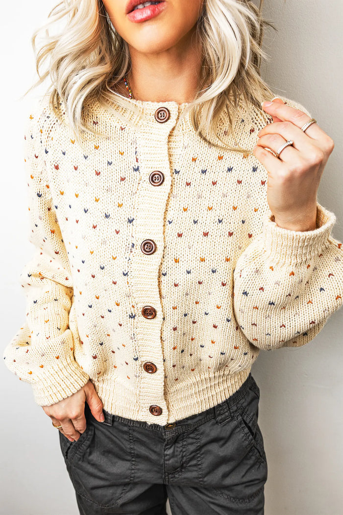Geometric Print Button Front Long Sleeve Regular Fit Cardigan – Beige