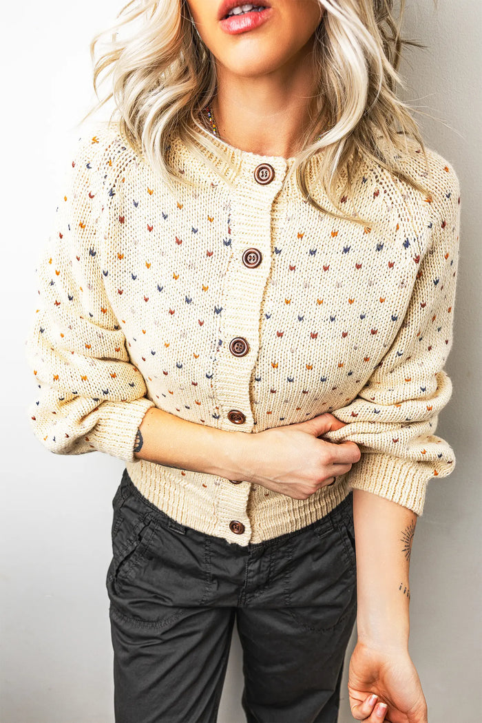 Geometric Print Button Front Long Sleeve Regular Fit Cardigan – Beige