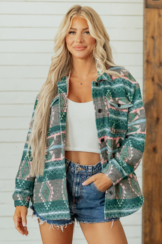 Geometric Print Button Front Long Sleeve Shacket – Green